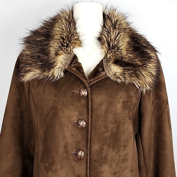 Centigrade Women's Long Faux Suede Button Up Winter Coat Faux Fur Collar Sz M - Picture 3 of 15